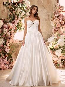 HEARBOBO Vintage Bohemian Strapless Beaded A-Line Wedding Gown, Woven Fabric Bridal Dress - White - View 3