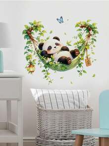 1pc Cute Sleeping Panda With Butterfly And Greenery Hammock Wall Decal Sticker, Removable Room Decor For Bedroom, Living Room, Kids Room - 1PC - View 1