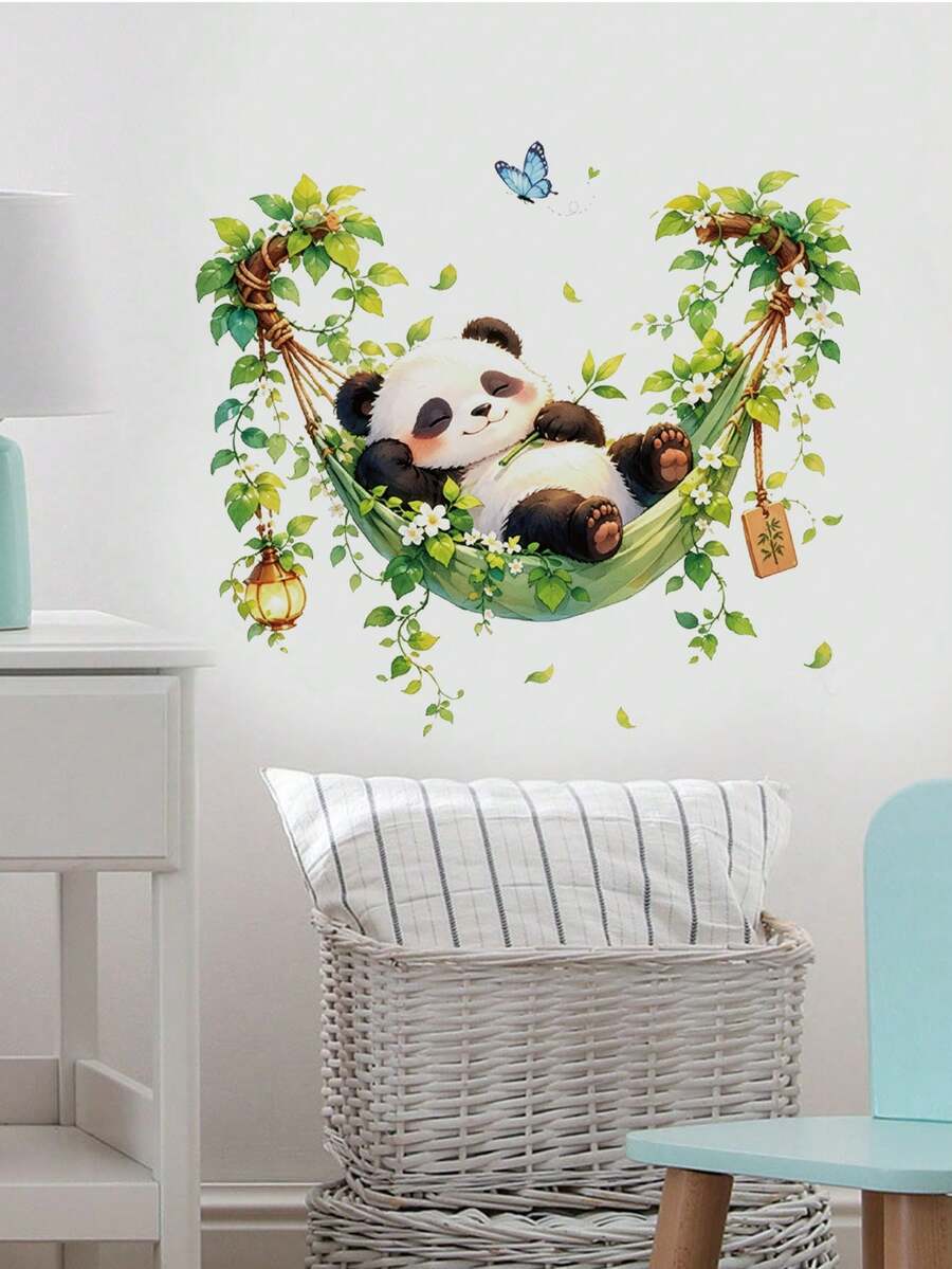 1pc Cute Sleeping Panda With Butterfly And Greenery Hammock Wall Decal Sticker, Removable Room Decor For Bedroom, Living Room, Kids Room - 1PC - View 1
