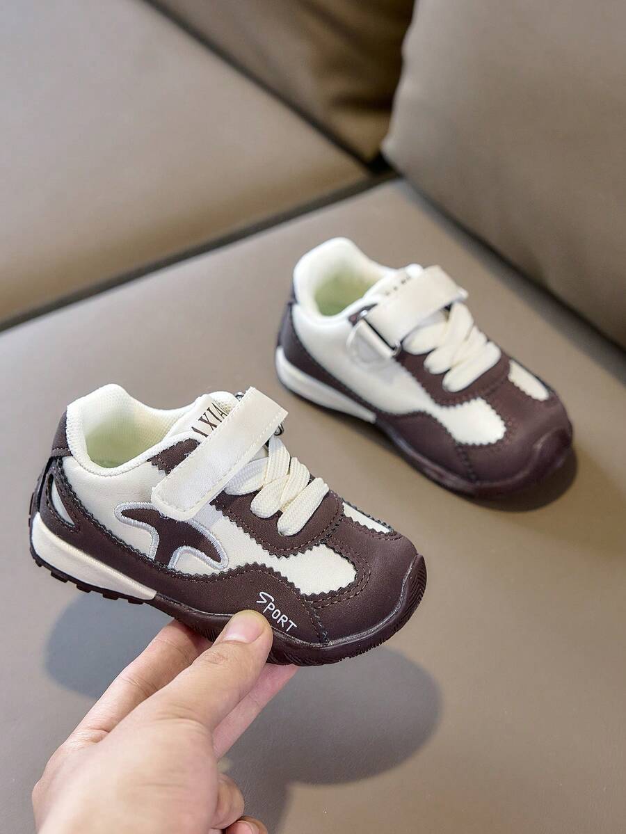 Korean Style Colorblock Baby Functional Shoes, Lightweight, Durable, Non-Slip, Hook And Loop, Unisex Toddler Casual Sports Chunky Sneakers - Coffee Brown - View 1