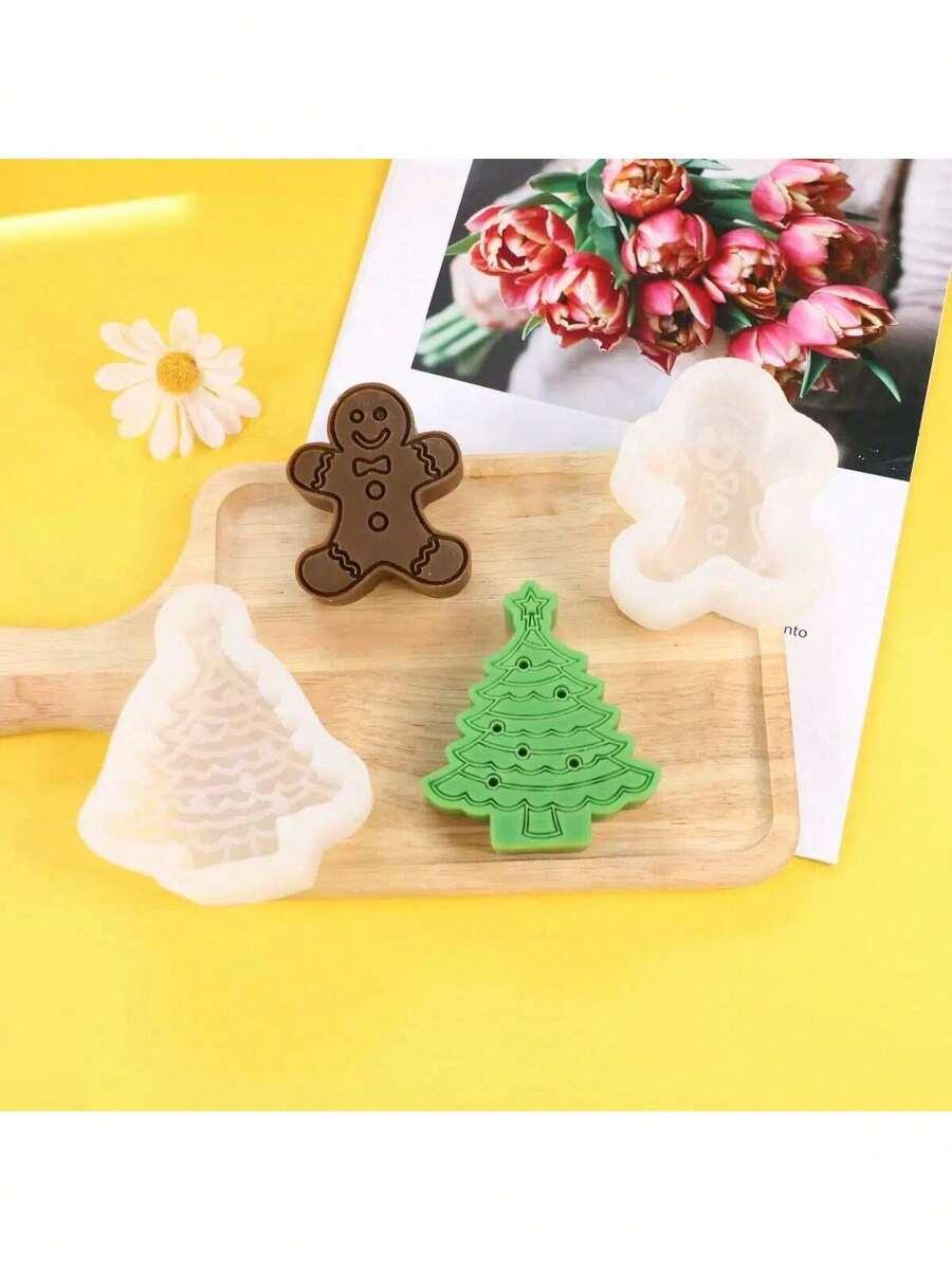 Christmas Tree & Gingerbread Man Scented Candle Silicone Mold, DIY Christmas Series Aromatherapy Plaster Resin Diffuser Stone Ornament Mold, Christmas Holiday Gift Making Mold - Christmas Edition - View 1