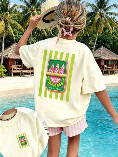 Girls Vintage Sardine Can Print Short Sleeve T-Shirt, Loose Fit Crew Neck Casual Summer Beach Top