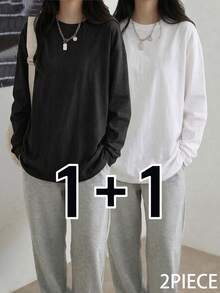 Women's Spring/Autumn Loose Fit Versatile Crew Neck Fashion Minimalist All-Match 2pcs Long Sleeve T-Shirts Casual - Black + White - View 4