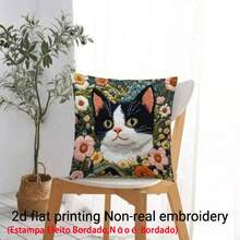 1pc Cute Cat Print Pillow Cover (Printed Design, Not Embroidered), Adorable Cat & Flower Pattern, Polyester Fabric Single-Sided Printed Cushion Cover, Zipper Closure, Machine Washable, Suitable For Home Decor, Wedding, Office Or Studio, Decorative Pillow, 18.0x18.0 Inches - Multicolor - View 7