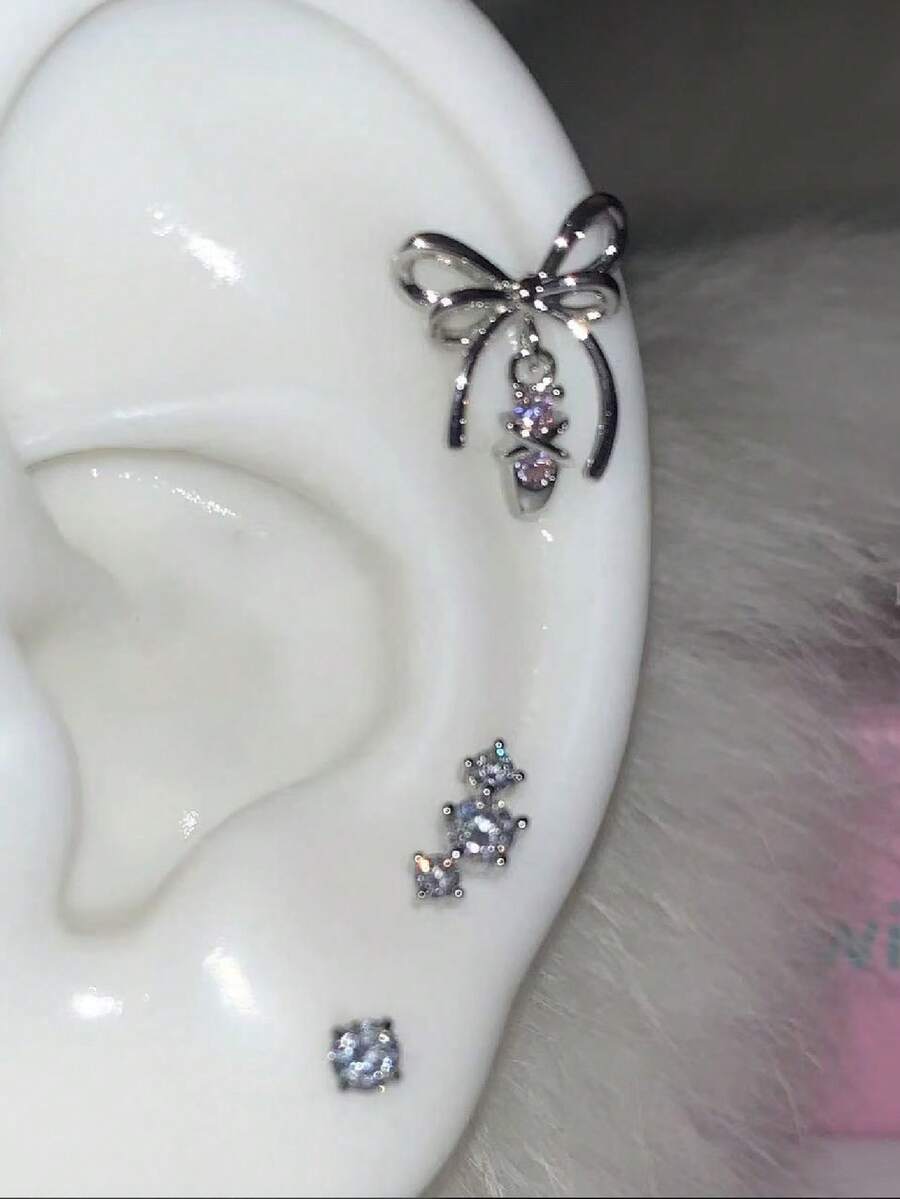 1件亮粉色月亮水滴流蘇耳夾式耳飾,可愛甜美層次感耳飾,女性風格 - 蝴蝶結耳釘 - 查看 1