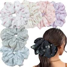 1pc Satin Ultra-Thin Embroidered Floral Oversized Multi-Color Hair Scrunchie, Suitable For Women's Daily Outfit Decoration Hair Accessory - Multicolor - View 6