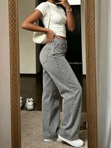 Women's Grey Straight Leg Jeans With Button Detail, Long Casual Pants, Medium Stretch, Suitable For Daily Wear - Grey - View 3
