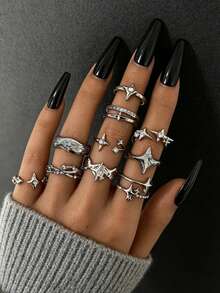 Juego de 10 anillos de metal con textura de lava abierta, estrella de strass plateada, fácil de combinar - Plateado - Ver 1