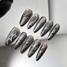 10 Stück schwarze niedliche Punk-Stil mittelgroße Mandelform Acryl Press-On Nägel Set, mit 3D Metall Deko Kette Kreuz, Y2K glänzender japanischer Stil kurze Gothic Kunstnägel für Frauen - Schwarz - Übersicht 5