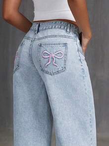 Teen Girls Loose Fit Bow Print Denim Wide Leg Pants - Light Wash - View 4