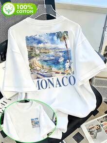 Mediterranean Christmas Vacation Style - MONACO Letter Print Top. Vintage English Lettering With Chiseled Characters Paired With A Watercolor Port - 白色 - 查看 1