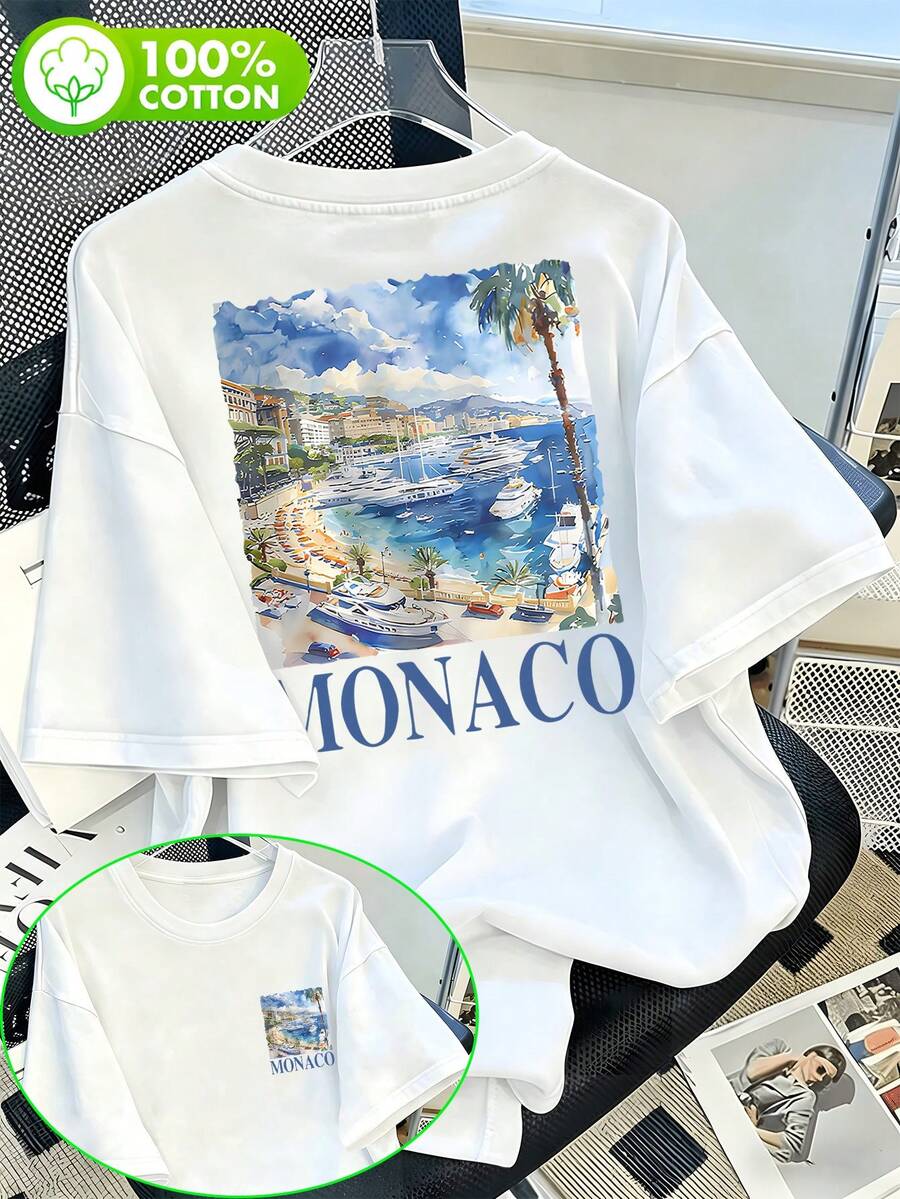 Mediterranean Christmas Vacation Style - MONACO Letter Print Top. Vintage English Lettering With Chiseled Characters Paired With A Watercolor Port - 白色 - 查看 1