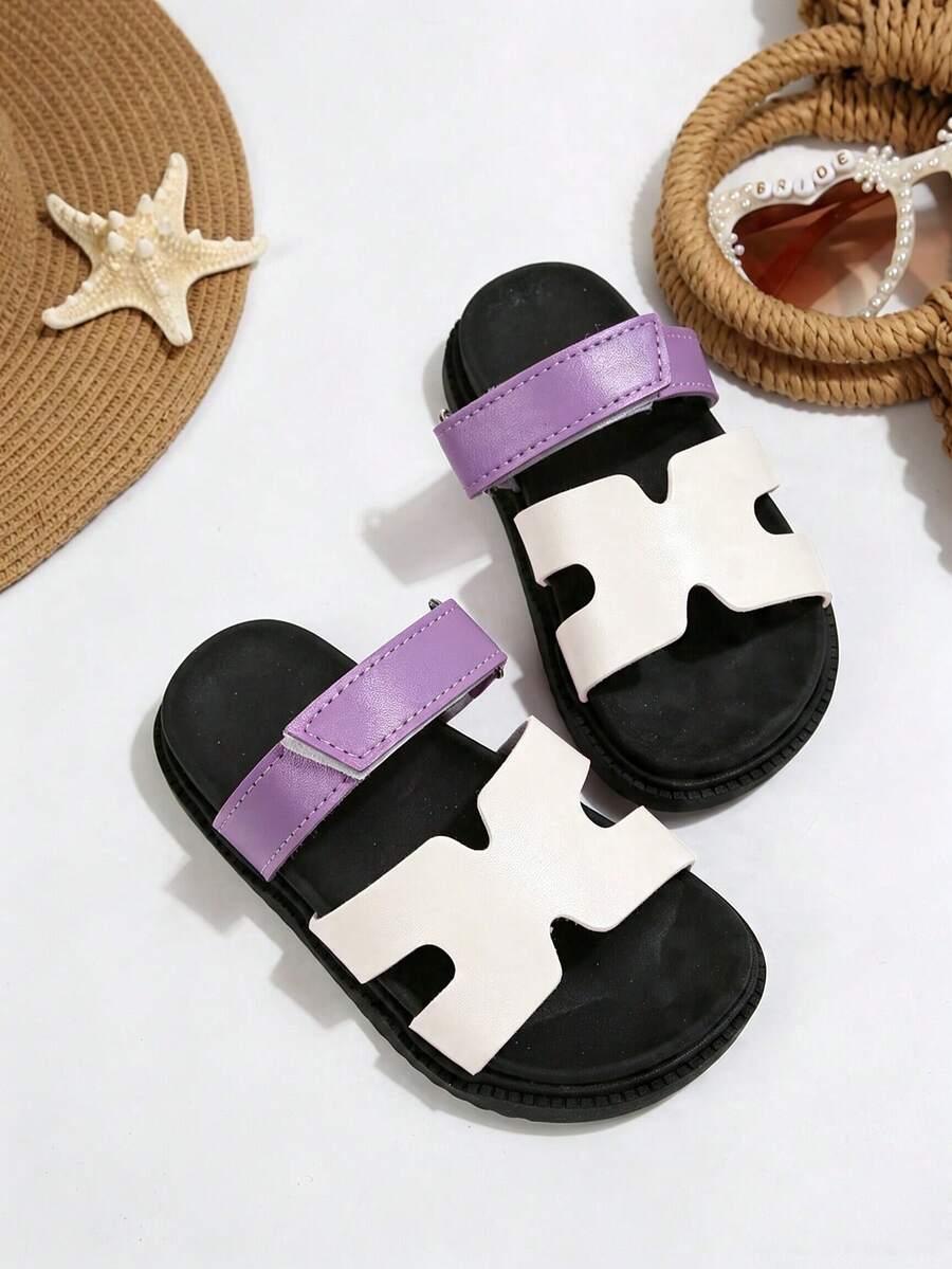 Sandal Pita Anak Perempuan Musim Panas dengan Tali Belakang yang Dapat Diatur, Sepatu Anak Gaya Putri, Perekat Velcro, Sol Lembut Anti Selip, Sepatu Pantai - Purple - View 1