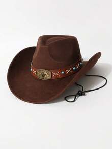 1pc Unisex Cowboy Hat, Vintage Fedora, Jazz Hat, Panama Hat, Faux Suede Fabric, Rivet Bull Head Decoration, Wide Brim Design, Sun Protection, Adjustable Windproof Rope. Suitable For Cowboy Theme Events, Vintage Parties, Role Play, Gatherings, Outfit Matching, Outdoor Travel, Daily Use - Suede X Denim Hat - View 11