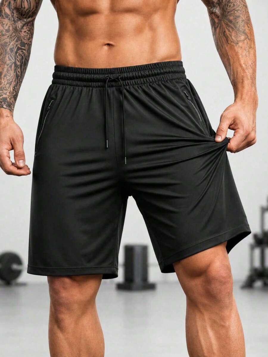 Men's Bermuda Shorts With Zipper, Gym, Sports, Beach, Breathable & Lightweight Polyamide - 黑色 - 查看 1