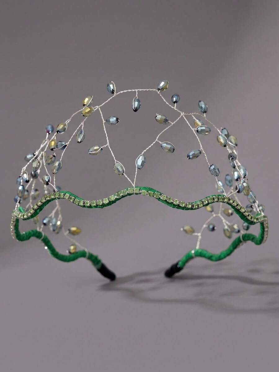 1pc Women's Mori Style Fairy Flower Crown, Handmade Twisted Wire Water Drop Beaded Branch Headband, Green Wavy Rhinestone Bridal Headpiece, Party Photo Shoot Ethereal Hair Accessory