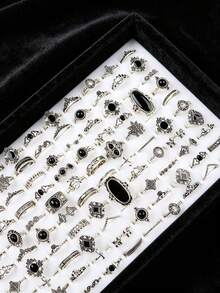 20pcs Gothic Vintage Silver Black Raw Stone Rings, Bohemian Hollow Floral Carved Stackable Finger Rings, Women's Daily Party Jewelry Gift - Black Stone Ring - View 3
