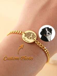 Customized Pet Portrait Bracelet For Dog Lovers With Engraved Pet Memorial Gift Personalized Gift For Pet Lovers, Anniversary Gift, Tarnish-Free, For Her, Minimalist Line Art - Multicolor - View 2