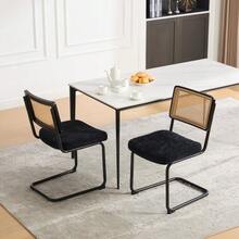 Modern Rattan Dining Chair With Black Metal Frame - Vintage Style Side Chair With Synthetic Cane Back & Chenille Seat Cushion For Kitchen, Living Room, Bedroom - Black - Black - View 1