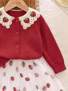 Girls' Fashionable Lapel Knit Cardigan And Strawberry Embroidered Mesh Skirt - Red - View 5