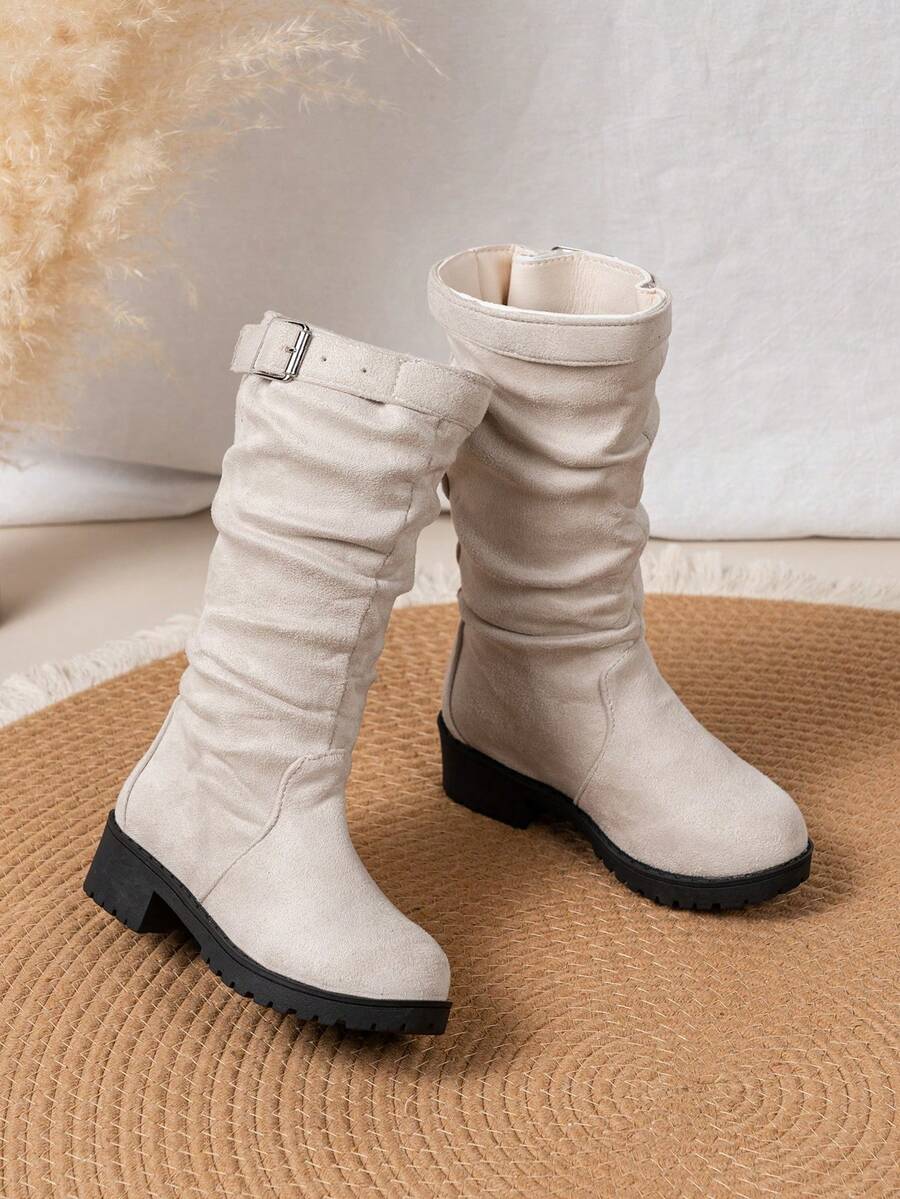 1 Pair Girls' Ruched Stacked Shaft Boots, Vintage Western Style, Easy To Match With Skirts And Pants - Beige - View 1