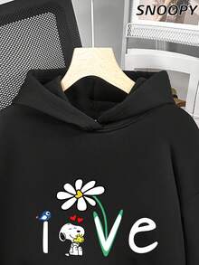 可愛 Snoopy 印花「LOVE IS ALL I NEED」抓絨內裡連帽長袖運動衫休閒上衣 - 黑色 - 查看 3