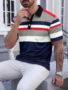 Kemeja Polo Pria Serbaguna untuk Perjalanan Musim Panas, Warna Biru Tua, Merah, Abu-abu, Blok Warna, Garis-garis, dan Saku - MultiWarna - View 5