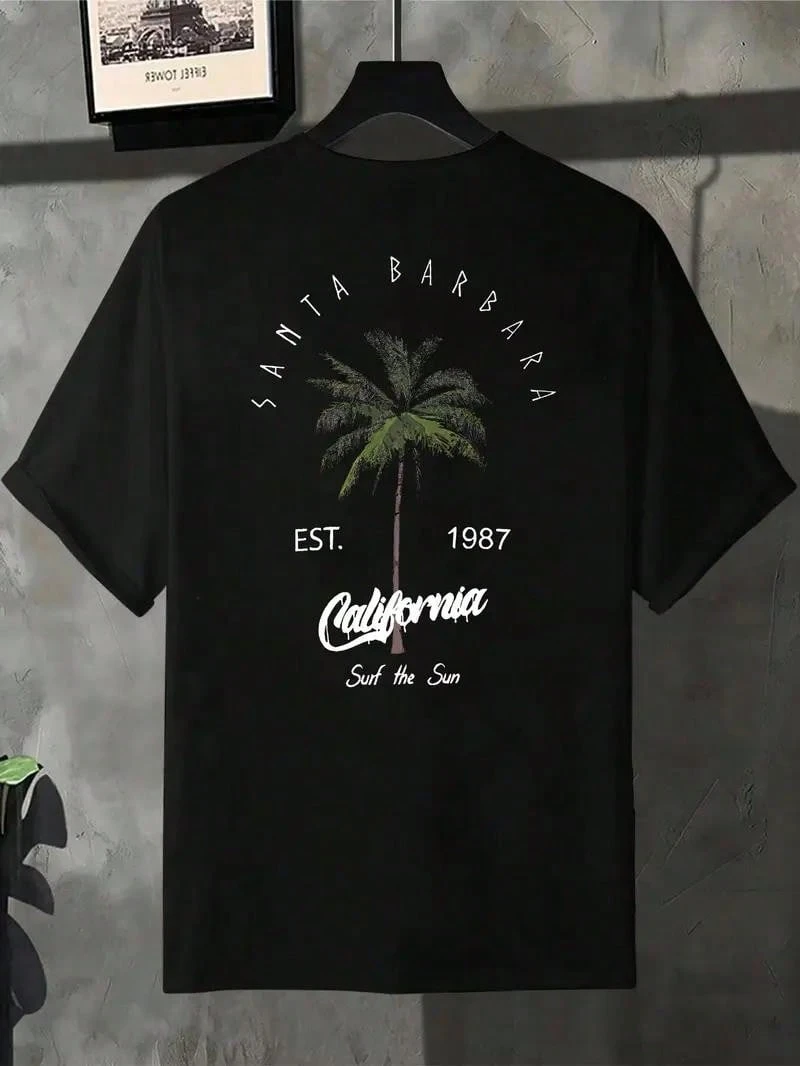 Men's Regular Fit Palm Tree &amp; California Print Round Neck Tee, Casual Short Sleeve Crew Neck T-Shirt for Summer, Fashion Men's Top for Daily Wear, Tropical - Schwarz - Übersicht 1