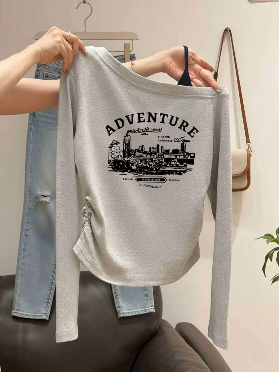 American Vintage ADVENTURE City Landscape Print Cold Shoulder Long Sleeve T-Shirt With Side Ruched Design Niche Top Casual - Light Grey - View 1