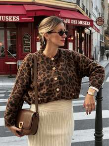 Women's Leopard Print Knit Cardigan, Long Sleeve Regular Fit, With Embroidered Details, Medium Stretch, Autumn Fashion - Brown - View 1