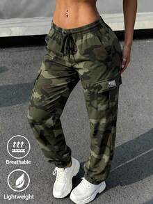Women's Camouflage Print Drawstring Waist Cuffed Cargo Pants, Long Woven Fabric, With Pockets, Perfect For Creating A Street Style Look - Army Green - View 7