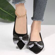 Women's Black Pointed Toe Flat Gradient Mesh Bow Ballet Shoes, Soft Suede Low Vamp Soft Sole Versatile Slouchy Loafers For Spring And Autumn - Black - View 3