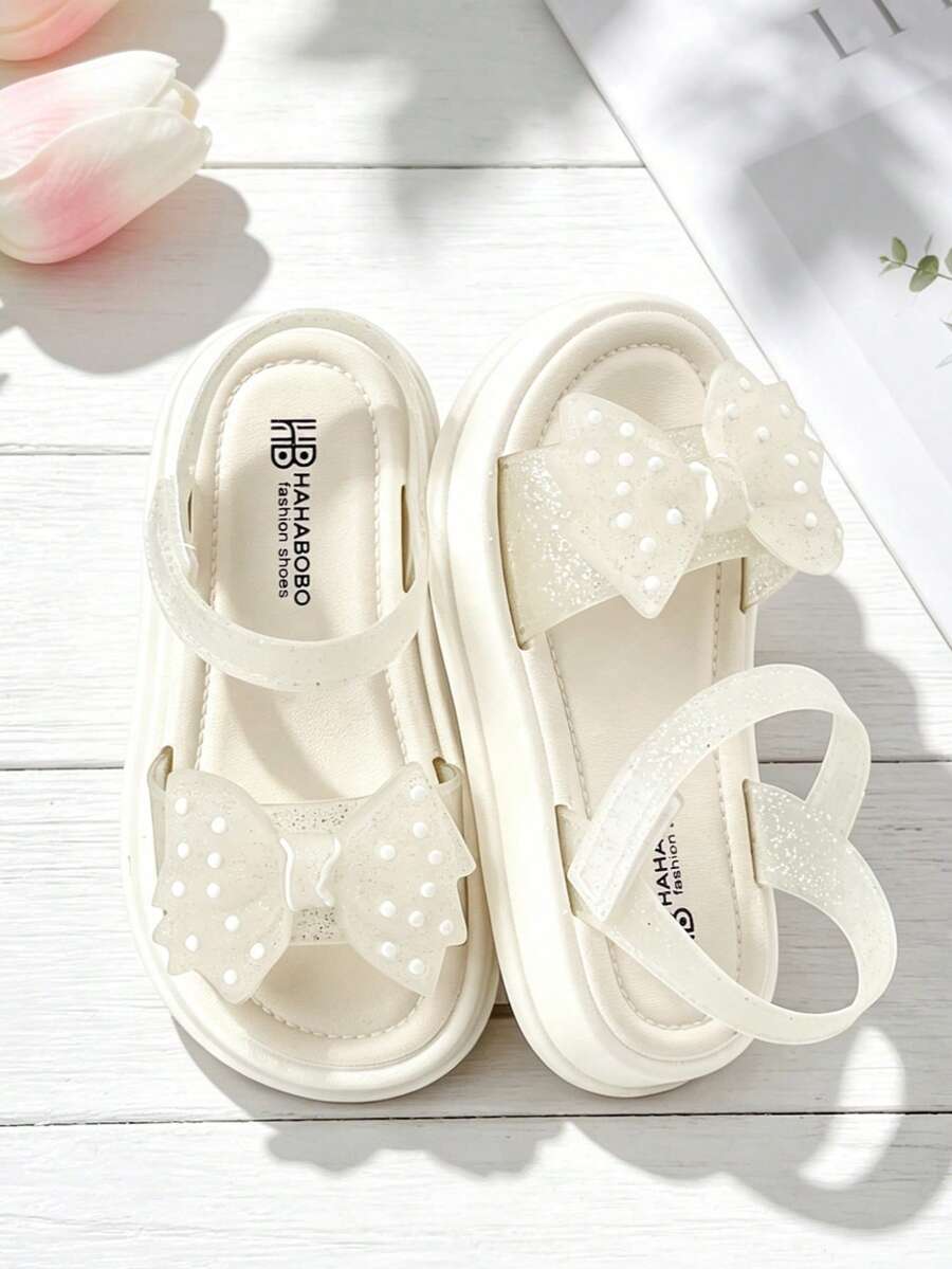 HAHABOBO Kids White Thick Sole Bow Sandals, Translucent Glitter Ankle Strap, Lightweight Summer Girls Beach Vacation Shoes - White - View 1