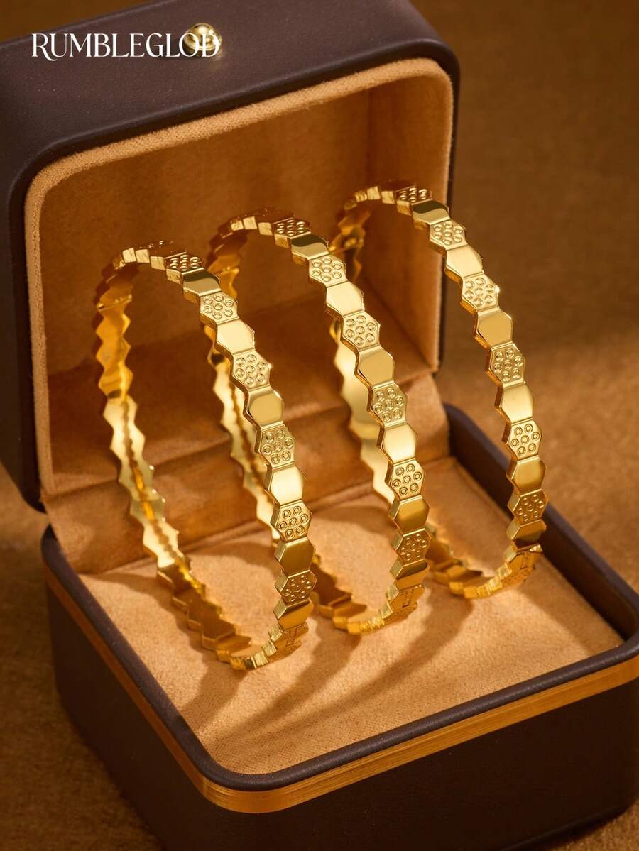 1/2/3pcs Fashion Classic Hand-Carved Seven-Star Hexagonal Honeycomb Design Gold Women's Bracelet, Non-Openable 65mm And Openable 63mm Two Sizes, Suitable For Women's Daily Wear, Without Packaging Box - Seven-star Honeycomb - View 1