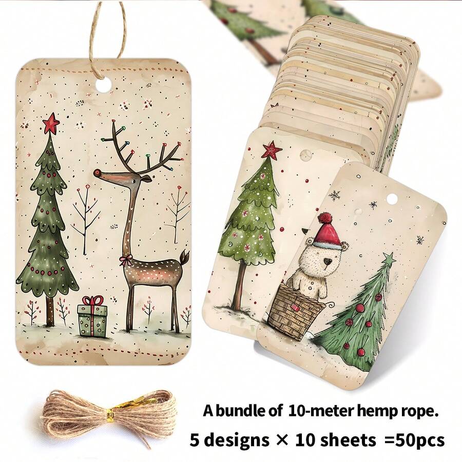 50pcs Cute Christmas Gift Tags With Jute Rope - Fun Holiday Design, Includes Bear, Reindeer, Christmas Tree, Angel And Dog, Paper Party Gift Tags, Suitable For Christmas Gifts, Gift Wrapping And DIY Crafts