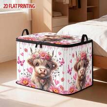 1pc Large Foldable Zipper Storage Box With Highland Long-Haired Calf Pattern, Suitable For Storing Holiday Supplies, Clothes, Pants And Bedding, Portable Storage Solution For Under-Bed Storage - View 5