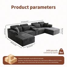 Sofá modular de lujo con forma de U, de 147 pulgadas, convertible en cama, con tapizado de pana, para sala de estar, cine en casa, villa, apartamento y estudio. No requiere montaje. - Gris - Ver 3