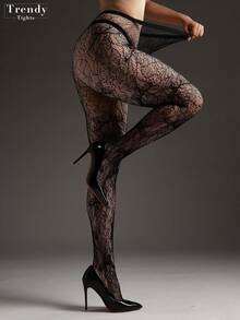 1 Pair Curve Tights Elastic Fishnet Hollow-Out Jacquard Pantyhose Women's Fashion Sexy Black Stockings Vintage Gothic Style Versatile Leggings Halloween Outfit Y2K - Black - View 5