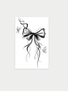 1 Sheet Ink Wash Ribbon Bow Streamer Thigh Temporary Tattoo Sticker, Waterproof Long Lasting Fake Tattoo Lasts 7-14 Days, Body Art Decal For Calf Forearm Rib Collarbone Hip - Black - View 4