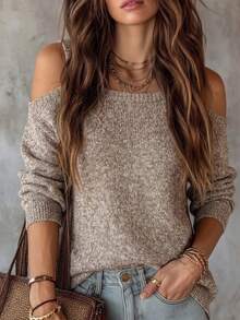 Autumn/Winter New Off-Shoulder Knitted Sweater For Women, Oatmeal Color, Slouchy, Camisole Design - Yan - View 6