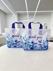 50pcs Blue Purple Floral ThankYou Butterfly Gift Bags, Reinforced Durable Shopping Gift Bags, Small Gift Distribution Bags, Suitable For Shopping, Wedding, Birthday, Holiday, Halloween, Christmas - Multiple Styles - View 1