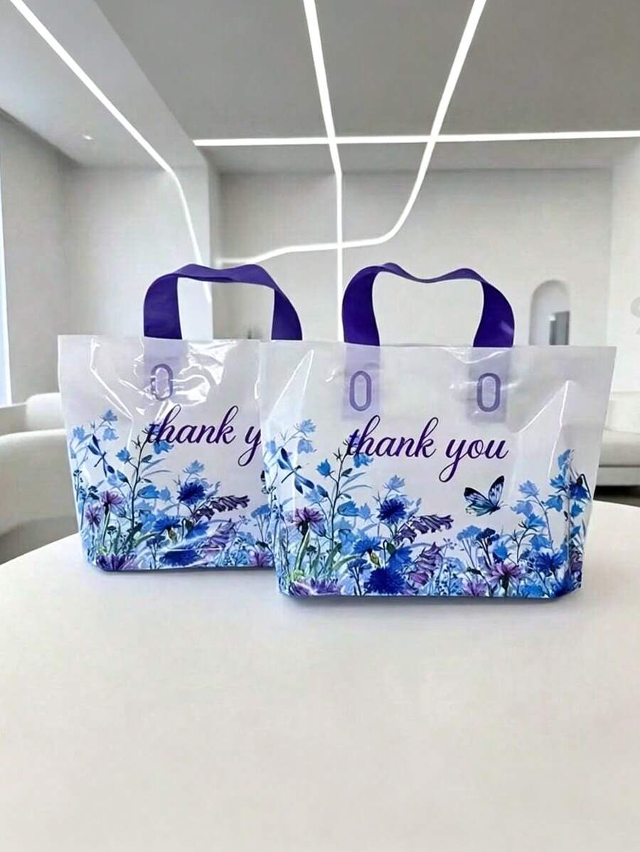50pcs Blue Purple Floral ThankYou Butterfly Gift Bags, Reinforced Durable Shopping Gift Bags, Small Gift Distribution Bags, Suitable For Shopping, Wedding, Birthday, Holiday, Halloween, Christmas - Multiple Styles - View 1