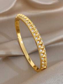 1Pc/Set Elegant Gold Plated Rectangular Shiny Zirconia Stack Bangle Bracelet Set,Gold Jewelry For Women,Daily,Party,Wedding,Valentine Gifts,Christmas - Multicolor - View 9