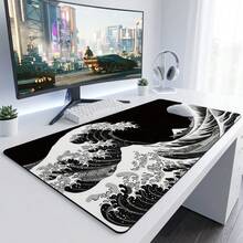 Black & White Ukiyo-E Wave Extra Long Gaming Mouse Pad & Desk Mat Set, Non-Slip Durable Rubber Base, Smooth Surface, Suitable For Computer Laptop Office Home, Abstract Art Decor, Back To School Supplies - A - View 9