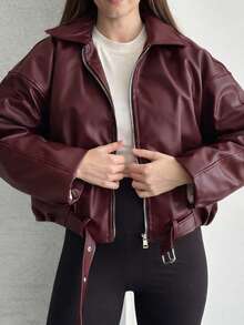 Women's Oversized Faux Leather Zip-Up Jacket Drop Shoulder Belted Bomber Coat Black - Burgundy - View 5