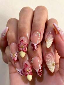 Handmade 3D Flower Diamond Pearl Sequin Round Fake Nails For Women, Medium Length Nail Patches - 粉色 - 查看 1