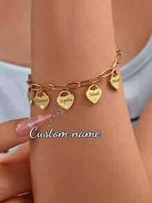 Pulsera personalizada con forma de corazón y nombre, grabada a medida en acero inoxidable, de 1 a 5 nombres múltiples, con cadena de alambre cuadrado y colgante - dorado - Ver 1