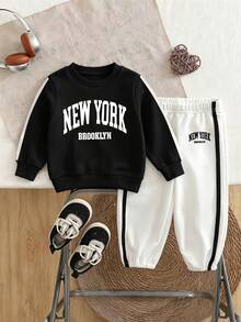 Young Boy Letter Print Crew Neck Long Sleeve Top And Pants - Black - View 2