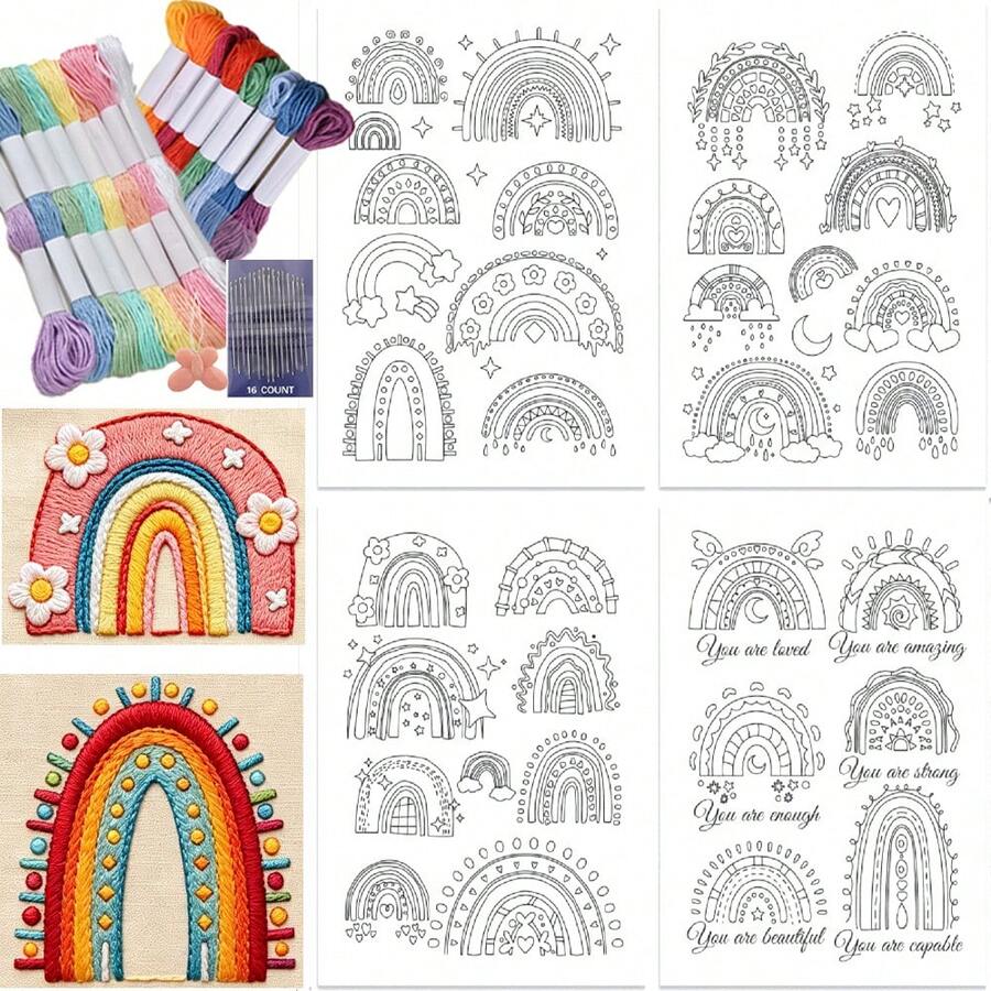 Water-Soluble Stick Embroidery Pattern Pre-Printed Rainbow Design Washable Embroidery Stabilizer Paper, Suitable For Adult Beginners And Hand Sewing Enthusiasts