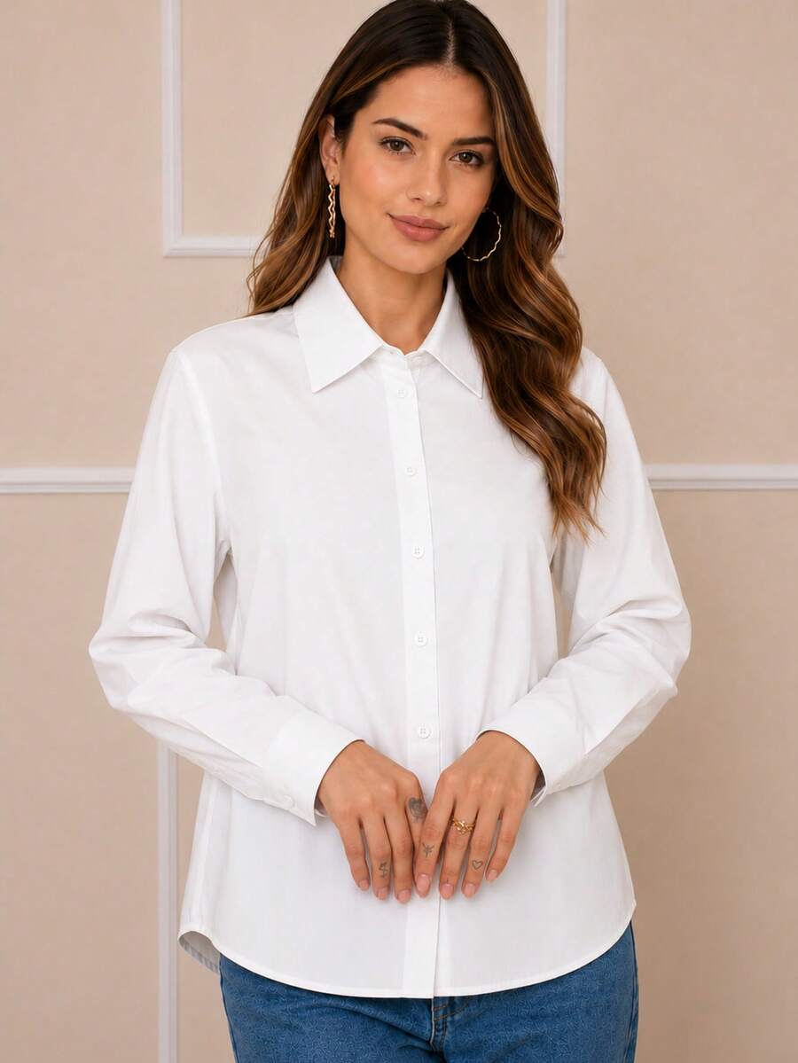 Camisa Social  Poliéster    Botão  Botões na frente    Camisa Social Lisa  Escritório    Primavera/Verão - Branco - Visão 1